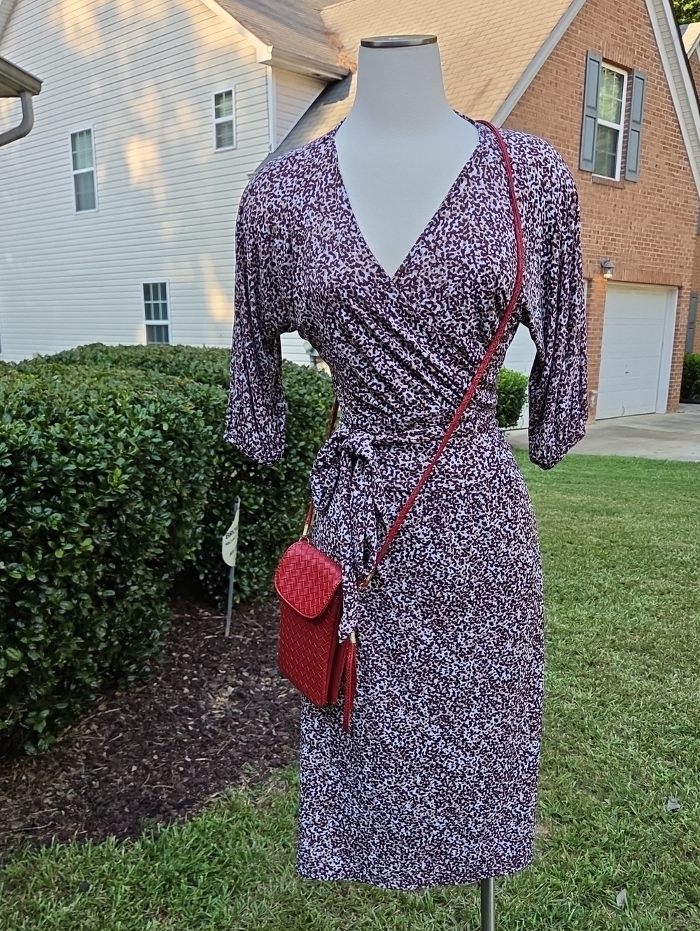 George Burgundy and White Floral Wrap Midi Dress